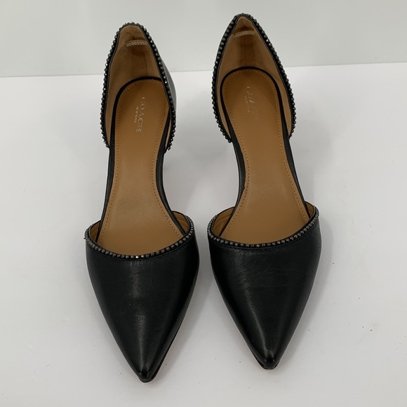 Coach Blossom d'orsay pumps black leather beaded trim kitten heel semi matte 10 - Picture 4 of 7